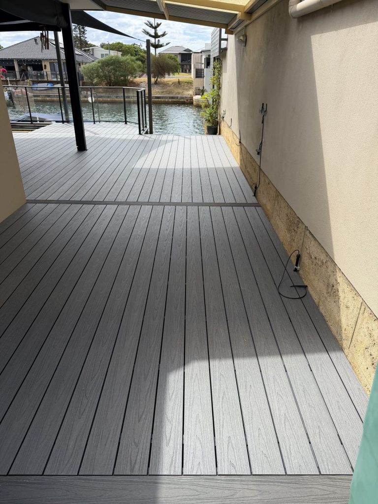 Covered composite alfresco deck with canal views at a Mandurah home